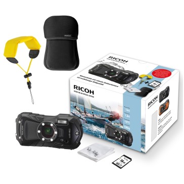 Ricoh WG-80 schwarz Outdoorkamera + Zubehörpaket Tasche, Schwimmgurt, 16GB SD 